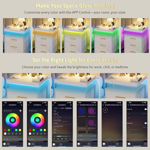 DreamDashio Nightstand Set of 2 with LED Lights, 3 Fabric Storage Drawers with PU Finish, Floating Top Design, Bedside Table with Open Shelf, End Table for Bedroom, Living Room, Office White - color: White（2 Pack)