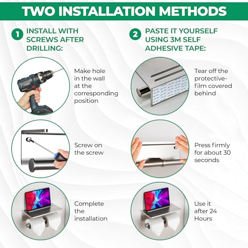 Toilet Paper Holder - Aluminium Double Roll Toilet Tissue Holder with Mobile Phone Shelf for Bathroom, 3M Self Adhesive No Drilling or Wall-Mounted, Rustproof Modern Style Brushed Nickel - color: Brushed Nickel-2 Roll