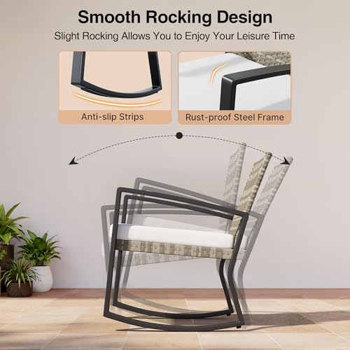 Qsun 3 Pieces Outdoor Patio Furniture Set Rocking Bistro Set, Outdoor Patio Furniture Set with Coffee Table for Garden Balcony Backyard Poolside (Light Grey Cushion) - color: Light Grey