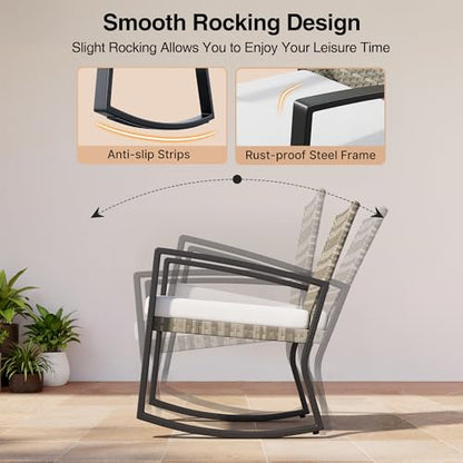 Qsun 3 Pieces Outdoor Patio Furniture Set Rocking Bistro Set, Outdoor Patio Furniture Set with Coffee Table for Garden Balcony Backyard Poolside (Light Grey Cushion) - color: Light Grey