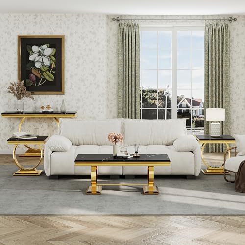 Asday Gold End Table Set of 2, Modern Black Living Room Side Table with Gold Metal U-Base, Square End Table for Sofa Couch, Living Room, Bedroom, Office - color: Black, size: Set of 2