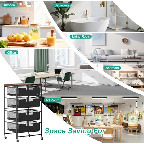 4-Drawer Storage Organizer, Under Desk Rolling File Cart with Lockable Wheels, Multi-Layer Mobile Filing Cabinet, Utility Craft Cart for Home Office,Black - size: 4 Tier