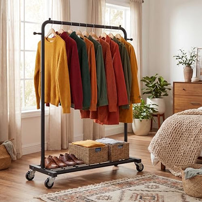 Sywhitta Metal Clothing Rack on Wheels with Mesh Shelf, for Clothes,Black | Rolling Garment Rack for Hanging Clothes, Coats, Skirts, 39.76" L x 16" W x 63.78" H,Space-Saving Mobile Organizer for Closet