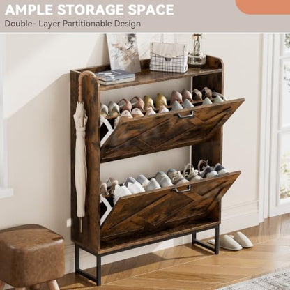 Nicetree Shoe Storage Cabinet with 2 Flip Drawers, Freestanding Wood Shoe Organizer with Metal Legs, Farmhouse Slim Shoe Rack for Entryway, Foyer, Hallway, Rustic Brown - color: Rustic Brown