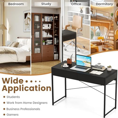 Giantex Computer Desk with 2 Drawers, 44 Inch Home Office Desk with Anti-Toppling Device & Metal Frame, Compact Laptop PC Table, Makeup Vanity Table, Modern Study Writing Desk for Small Spaces (Black) - color: Black