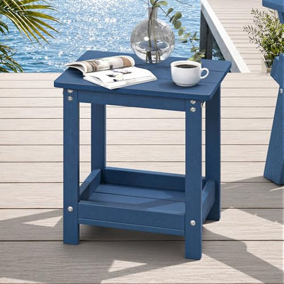 LUE BONA Small Outdoor Side Table, 2-Tier HDPE with Rail, Prussian Blue | Outdoor End Table with Rail for Patio, Deck, Poolside, Weather Resistant HDPE, Low Maintenance, Easy to Clean - color: Prussian Blue