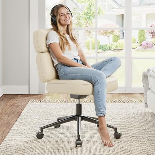 OLIXIS Ergonomic Home Office Desk Chair, PU Leather Computer Chair with Lumbar Support Adjustable Height Rolling Swivel Executive Task Armrests, Off-White - color: Off White