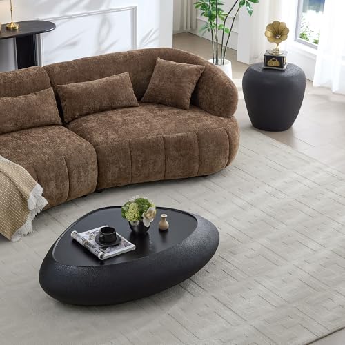 47" Modern Coffee Table Unique Rock Coffee Table Faux Stone Center Tables Round Edge Design Fiberglass Oval Accent Tables for Living Room Office Apartment No Assembly Required Black - color: Fiberglass Oval-black