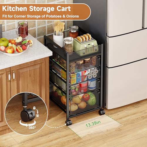 5-Tier Kitchen Utility Storage Cart with Adjustable Wood Top (Tabletop or Basket), Fruit Vegetable Storage Rack with Wheels & Drawers, Metal Rolling Pantry Cart, Kitchen Organizer for Snack Can Potato - size: 5-Tier Top Adjustable