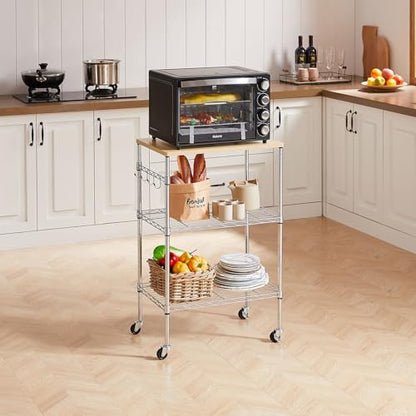 BolDuck 450Lbs Capacity Microwave Cart with Wheels, 3 Tier Rolling Cart with Adjustable Shelves, Multifunctional Metal Utility Storage Kitchen Carts on Wheels, 23.6" L*15.7" W*37" H, Wood+Chrome - size: 23.6"L*15.7"W*37"H with Adjustable Shelves