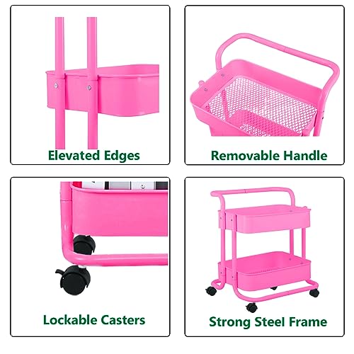 Melody House 2-Tier Metal Mesh Rolling Cart Storage Organizer with Utility Handle and Wheels, Multi-Functional Storage Trolley for Office Living Room Kitchen, Pink
