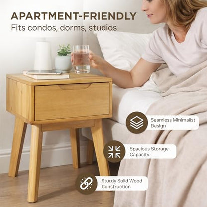Scandinavian Nightstand - Pine Bedside Table - with Drawer | Solid Wood Construction, 18.5 x 16.93 x 15.75 in, Light Natural Finish, Square Shape, Leg Base, Easy Assembly