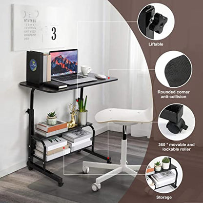 Rolling Adjustable Height Laptop Desk Black 2-Tier Storage Workstation | 28-40in Height Adjustment,Rolling Casters,2-Tier Storage Shelves,Waterproof Tabletop,Black Over Bed Home Office Desk - color: Black