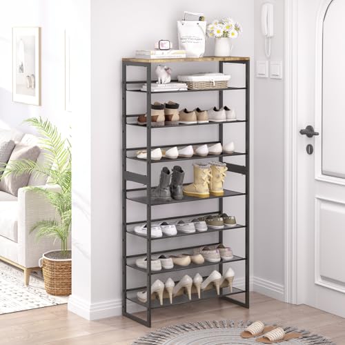 Garden 4 you Shoe Rack 8 Tiers Shoe Storage Organizer,Large Capacity Storage Rack with Brown Wooden Tabletop,Adjustable Metal Shelf Stackable Shoe Shelf for Entryway Hallway Living Room Closet - color: Rustic Brown, size: 8-Tiers