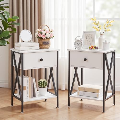 VECELO Nightstands Set of 2, Modern Bedside End Tables, Night Stands with Drawer and Storage Shelf for Living Room Bedroom, Industrial Metal Frame - color: White, size: Set of 2 - 15.8"W x 11.8"D x 21.7"H