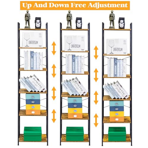 HCHQHS Narrow Bookshelf, Adjustable 6-Tier Industrial Bookcase, Rustic Open Book Shelf, Freestanding Tall Bookshelves with Metal Frame - color: Rustic Brown, size: 6-Tier (16.5"W x 70.2"H, Adjustable)