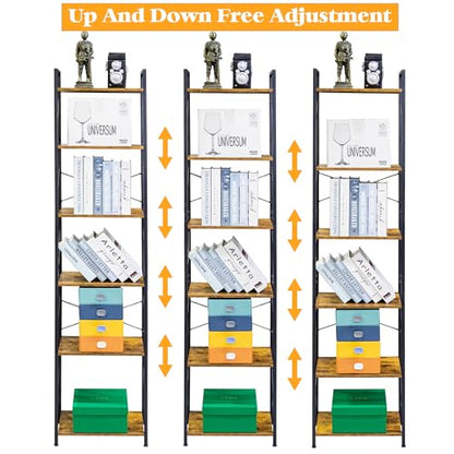 HCHQHS Narrow Bookshelf, Adjustable 6-Tier Industrial Bookcase, Rustic Open Book Shelf, Freestanding Tall Bookshelves with Metal Frame - color: Rustic Brown, size: 6-Tier (16.5"W x 70.2"H, Adjustable)