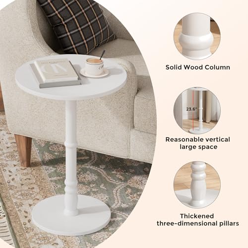Homleke 16" Round Side Table with Solid Wood Pillar, Large Drink Table | Accent Table for Sofa Side, Wood Top & Base, Easy Assembly, Living Room, Bedroom, Office, White - color: White