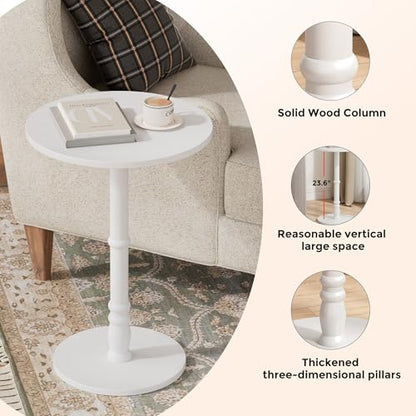 Homleke 16" Round Side Table with Solid Wood Pillar, Large Drink Table | Accent Table for Sofa Side, Wood Top & Base, Easy Assembly, Living Room, Bedroom, Office, White - color: White