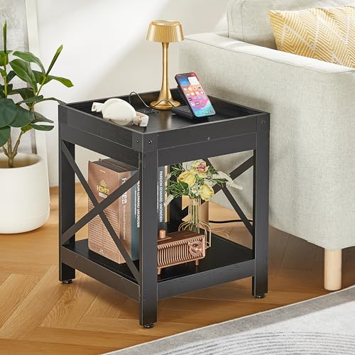 Farmhouse Side Table with Charging Station,2-Tier Square End Table | 2-Tier Shelf Modern Sofa Couch Table Bedside Nightstand With X-Frame for Living Room Bedroom Office Small spaces,Black - color: Black, style: With Outlets