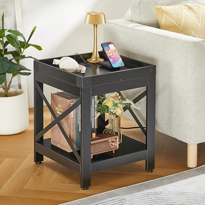 Farmhouse Side Table with Charging Station,2-Tier Square End Table | 2-Tier Shelf Modern Sofa Couch Table Bedside Nightstand With X-Frame for Living Room Bedroom Office Small spaces,Black - color: Black, style: With Outlets