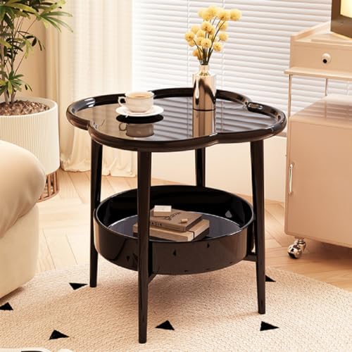 2-Tier Modern Side Table for Couch, Four-Leaf Clover Shape End Table Small Nightstand Coffee Tea Table Snack Table Sofa Side Table with Storage for Living Room Bedroom - color: Black