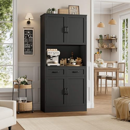 HOSTACK 71“ Tall Kitchen Pantry Storage Cabinet, Modern Kitchen Hutch Bar Cabinet with Microwave Stand, Wood Buffet Sideboard with Hutch, Cupboard with Drawers, Shelves for Dining Room, Black - color: Black