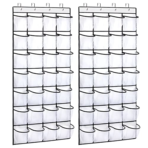 REGELETO 2 Pack 28 Pocket Over the Door Shoe Organizer, Hanging Shoe Rack for Door Large Capacity Shoe Organizer Holder with 4 Metal Hooks (White-2Pack) - color: white-2pack of 28