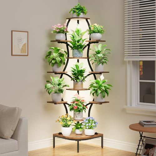 LATIBELL 72'' Tall Corner Plant Stand Indoor with Grow Light - 11 Tiered Metal Plant Shelf for Indoor Plants, Curved Display Rack Capable of Holding Large Pots in Living Room, Patio & Balcony, Black