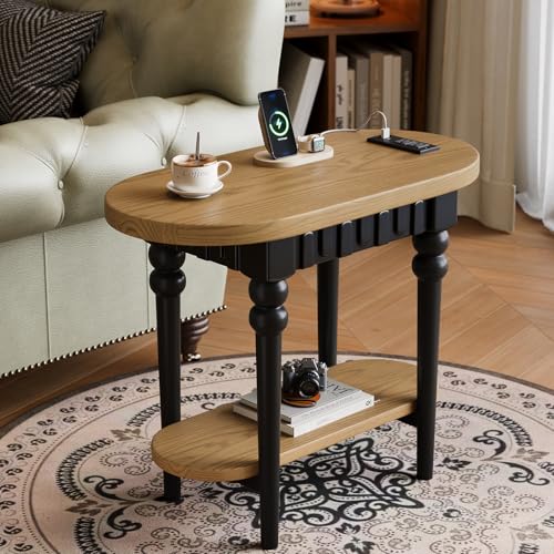 Oval End Table with Charging Station, 2-Tier Natural Wood Side Table with USB Ports & Power Outlets, for Living Room, Sofa, or Nightstand in Bedroom