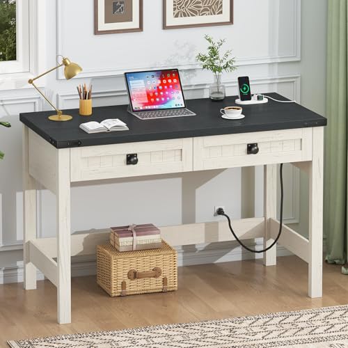 YOMILUVE Farmhouse Computer Desk with 2 Drawers, 39 Inch Small Office Computer Desk with Power Outlets, Compact Writing Study Vanity Desk for Small Spaces, Black and White - color: Black and White