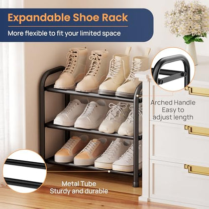 ENJOYBASICS 3 Tier Expandable Shoe Rack for Closet, Free Standing Metal Shoe Shelf Storage Organizer Holder 12 Pairs, Adjustable Width Shoe Rack for Entryway Small Space, Black - size: 3 Tier (6-12 Pairs)