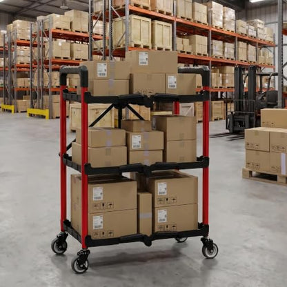 WORKPRO 3-Tier Collapsible Service Cart, Black/Red, 210 LBS Foldable Utility Cart with Wheels, Portable Rolling Tool Cart for Garage, Warehouse, Home, Restaurant and Office (No Assembly Required) - color: Black/Glossy Red