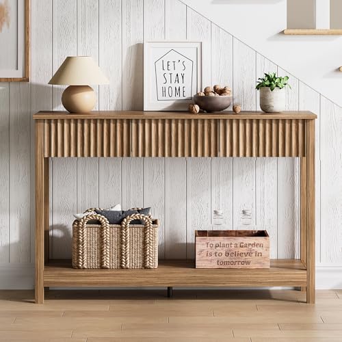 Treocho 47" Fluted Console Table with 3 Drawers and Storage Shelf | Narrow Long Entryway Table,Behind Couch Accent Tables, Entrance Foyer, Hallway, Living Room, Brown - color: Brown