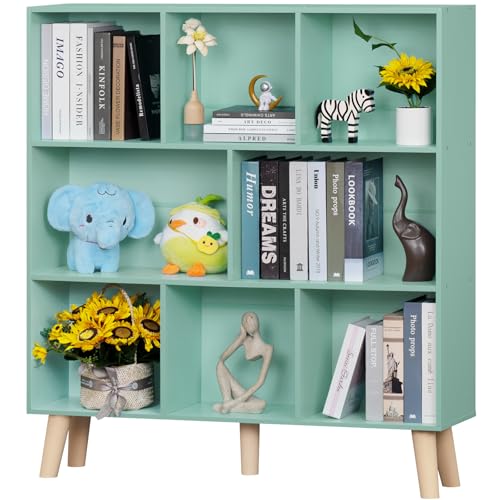LEYAOYAO 8 Cube Bookshelf, Mid-Century Modern Book Shelf with Legs, Green | 3 Tier Bookcase, Rustic Wood Bookshelves Freestanding Large Storage Organizer, Open Shelves for Bedroom, Living Room, Office - color: Green, size: 8 Cube with Legs