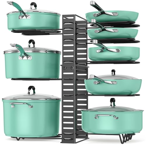 Pots and Pans Organizer Under Cabinet Expandable, 8-Tier Adjustable | Expandable 11.7–19", 3 DIY Modes, Tool-Free Assembly, Non-Slip, Fits Pots 6–11", For Kitchen Cabinets, Shelves & Countertops - color: Black, size: 19.02"H