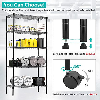 BLKMTY 5-Tier Heavy Duty Shelving, Steel Wire Shelving Unit, 1250 Lbs Capacity Adjustable Garage Shelves with Lockable Casters, 14 D x 30 W x 60 H, NSF Certified for Pantry Warehouse, Black - color: Black, size: 5 Tire: 13.9" D x 30" W x 61.2" H