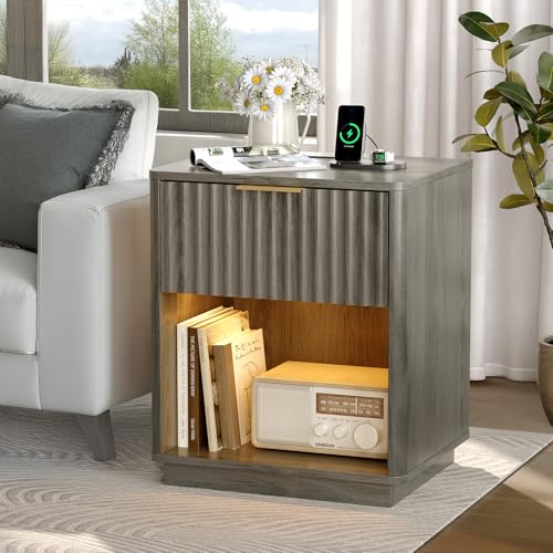 VINGLI Night Stand with Charging Station & Led Light, 19" W Fluted Nightstand Round Edge, Wood Nightstand Mid Century Modern End Table, Bed Side Table for Bedroom, Living Room, Gray Oak - color: Grey, size: 19"W-1 Drawer 1 Shelf