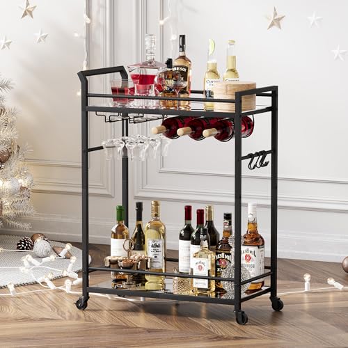 3 Tier Bar Cart, Small Beverage Cart, Mini Bar Cart with Wine Rack, Home Bar Serving Cart with Wheels for Kitchen Dining Living Room (Black, Mirrored) GBC106BU - color: Black, size: Mirrored