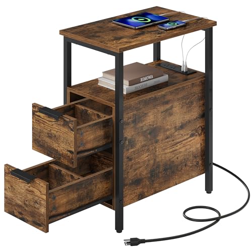 VASAGLE Side End Table with Charging Station, Slim Nightstand with 2 Drawers, Narrow Bedside Table for Living Room, Small Spaces, 18.9 x 11.8 x 24 Inches, Rustic Brown and Ink Black ULET324K101S - color: Rustic Brown + Ink Black, size: 18.9"D x 11.8"W