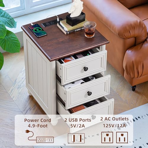 RWYHG 18" Night Stand with Charger Station, Nightstand with 3 Drawers | Farmhouse Modern Bedside Table, Metal Handle, Roman Column Legs, White Bed Side End Tables for Bedroom Living Room - color: Elegant White, size: 18"D x 18"W x 24"H (3 Drawers)