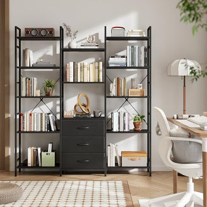 AFLUI Triple Bookshelf with 3 Fabric Drawers, 5-Tier Book Shelf and 10 Display Shelves, Industrial Large Bookcase for Home & Office, Black, 47'' Wide - color: Black, size: 5 Tier(47" W)