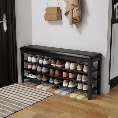 AQIMUELE Shoe Bench with Leather Cushion, 3 Tiers Shoe Storage Bench Height Adjustable, Walnut Wood Entryway Bench for Hallway, Mudroom - color: Black, size: 47.2"