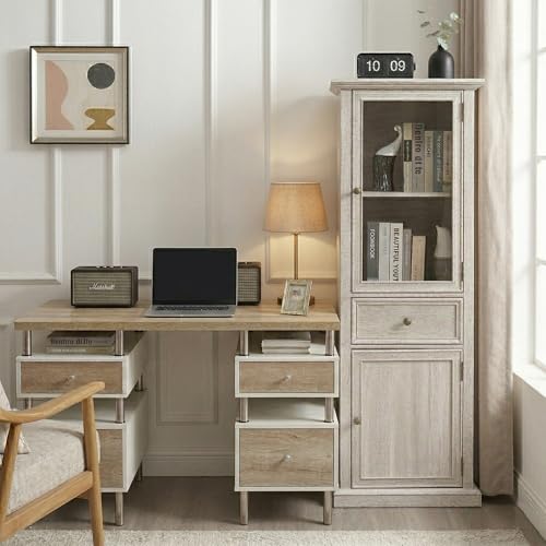65" Tall Bookcase with Tempered Glass Door, Elegant Freestanding Display Cabinet with Drawer, Modern Wooden Kitchen Pantry Storage Cabinets for Living Room/Office(White) - color: White & 24 X 65