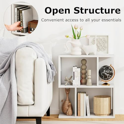 22’’ H Geometric Bookshelf, 2-Tier S-Shaped Floor Bookcase, Freestanding Open Display Book Shelf for Small Spaces, Low Side Table for Living Room & Bedroom (1, White) - color: White