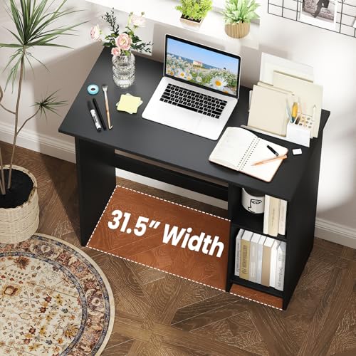 Giantex Small Desk, Compact Study Writing Desk with 3-Position Adjustable Shelf, Anti-Toppling Kit, Modern PC Laptop Table, Home Office Computer Workstation for Small Space Bedroom Dorm, Black - color: Black