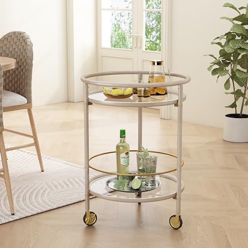 GDFStudio Round Bar Cart with Dual Tempered Glass Shelves, Gold Metal Accents and Lockable Wheels, Distressed White Finish Modern Beverage Trolley for Living Room, Dining Room or Kitchen - color: Ancient White