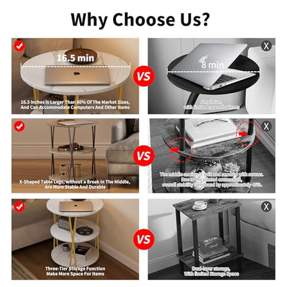 23 Inch Round Side Table 3-Tier End Table Living Room Small Patio Table Nightstands Round Coffee Table Spacious Top for Couch Bedroom 3 Storage Shelves Accent Coffee Table, Marble White - color: Marble White