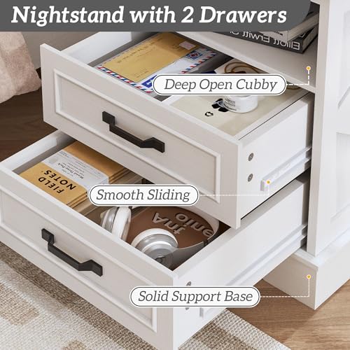 Fluest 24" Tall Farmhouse Nightstands Set of 2, Night Stands with Fast Charging Station, Beside Tables with Drawers and Open Storage, Rustic End Tables for Bedroom, Antique White - color: Antique White