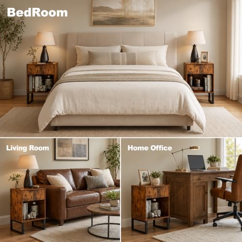 Rustic Brown Nightstand with Fluted Drawer, Wood Bedside Table with Storage Shelf, Mid Century Modern End Table with Metal Legs for Bedroom, Living Room, Sofa Side & Small Spaces